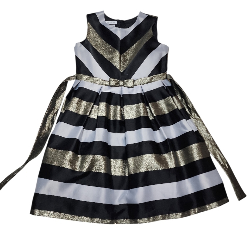 Bonnie Jean 👗  Black & Gold Shantung Pleated Dress Size 16